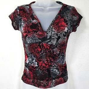 Vintage Y2K Star CCC Top Women's M Red Black Sheer Lace Ruched Crop Whimsigoth